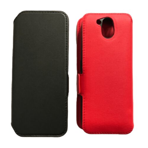 One red and one black leather phone case.