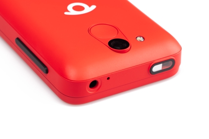 A closeup of the back of the red phone.