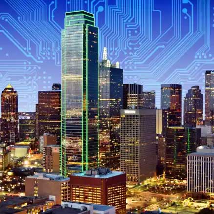 The Dallas skyline with a computer chip watermark.